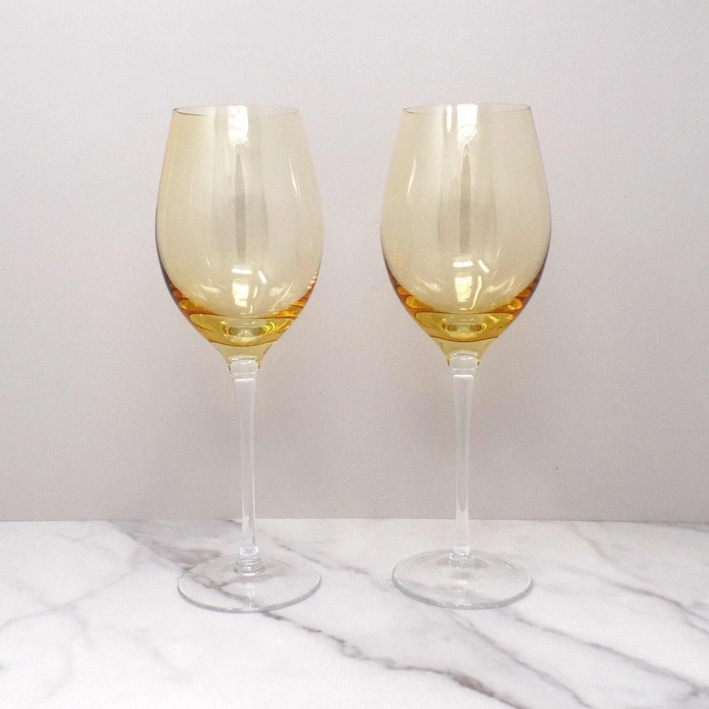 Vintage Yellow & Clear Handblown Wine Glass, set of 2